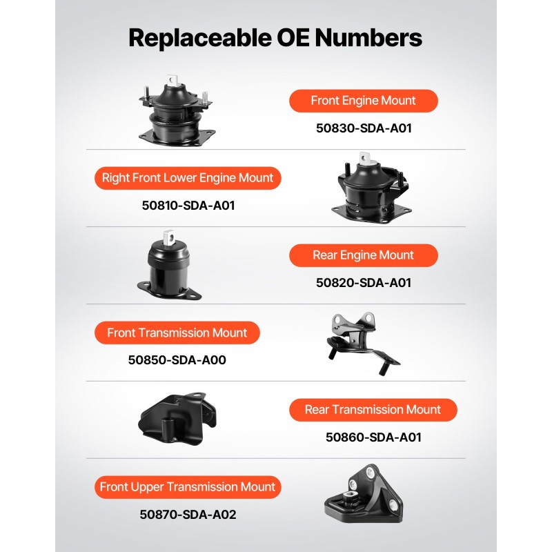 Moottorin ja vaihteiston kiinnikesarja rauta alumiini kumi 6-osainen Honda Accord 2.4-litrainen 2003–2007