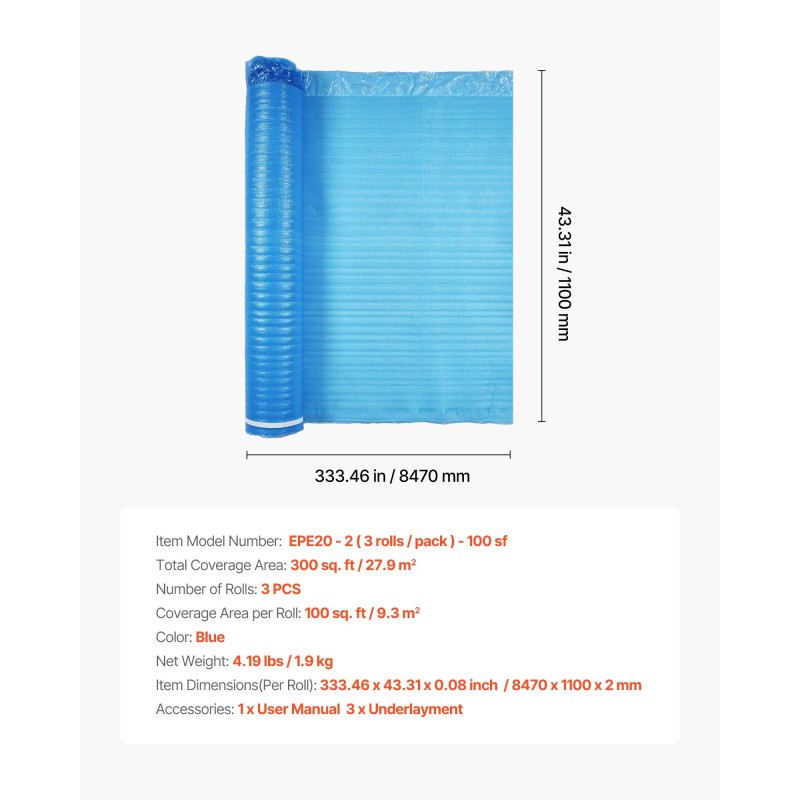 Lattian aluskate laminaatti- ja puulattioille EPE-vaahto ja PE-kalvo 3 mm 3 rullaa