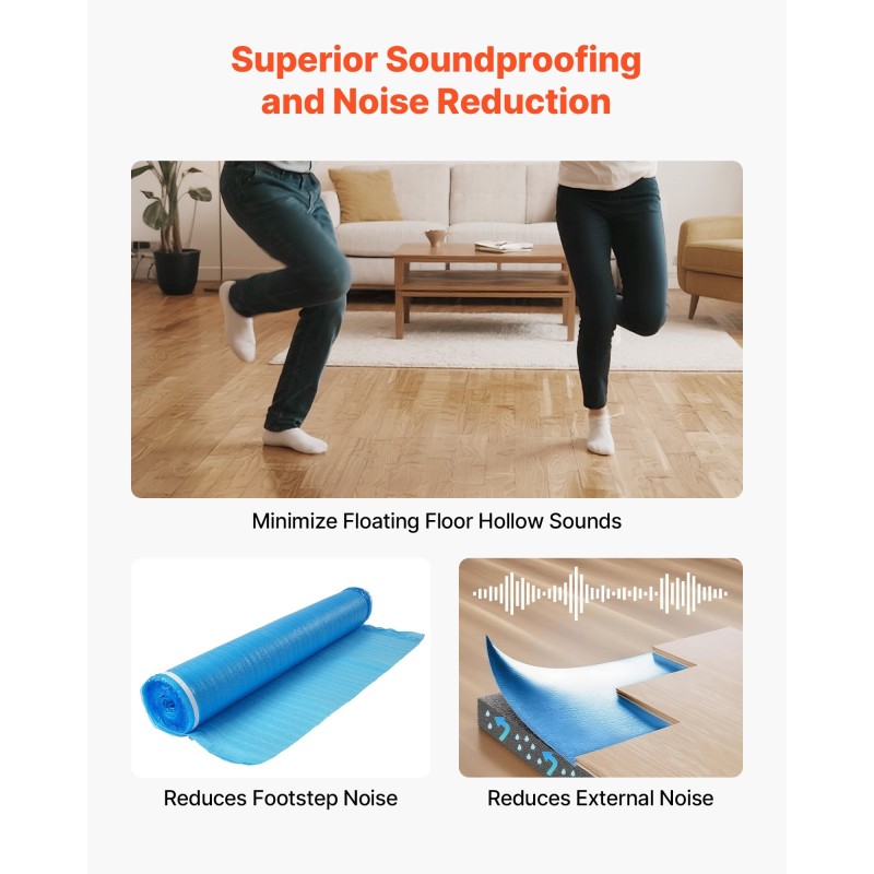 Lattian alusmateriaali EPE-vaahto kolmiosainen PE-höyrynsululla kaksi millimetriä kuusi rullaa laminaatti- ja puulattioille