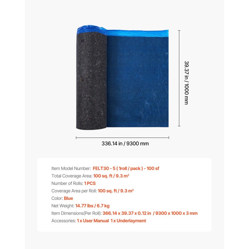 Lattian alusmateriaali kierrätyskuitu PE-höyrysulku 3 mm rulla 9,3 m² vinyyli laminaatti puulattioille