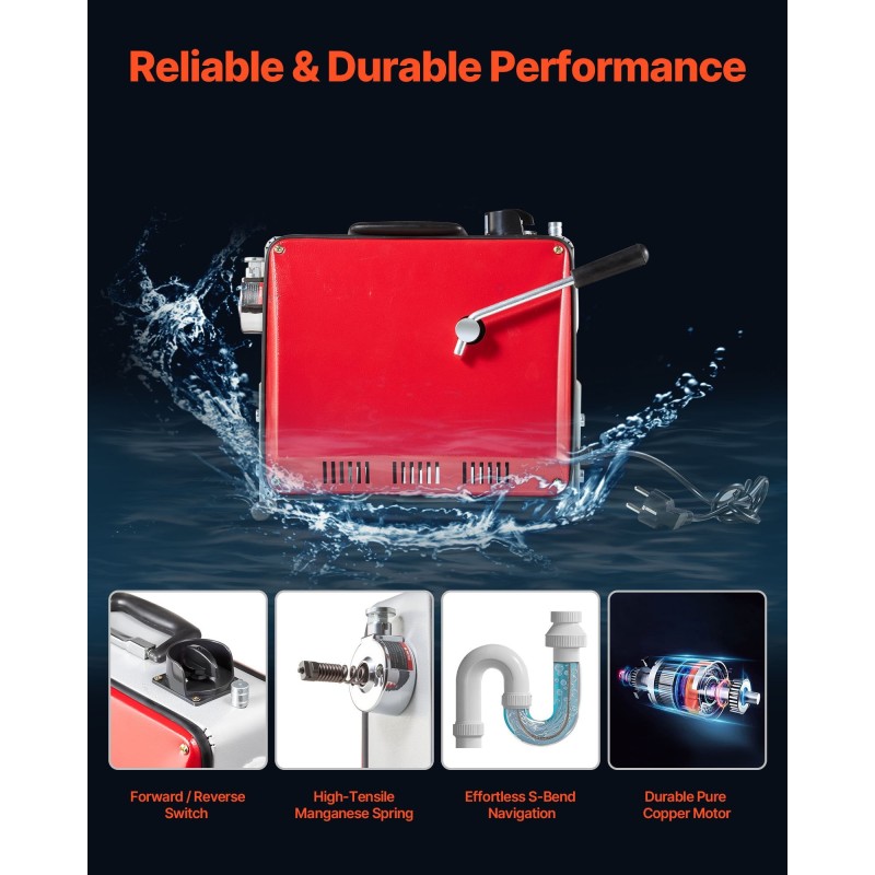 Sähkökäyttöinen viemärinavauskone mangaaniteräsjousella 45,4 metrin kaapelilla kuudella vaihdettavalla leikkurilla putkille