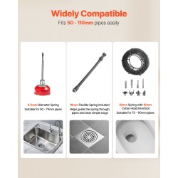 Sähköinen viemärin puhdistuskone 500W mangaaniteräskaapeli 25,4 m 8 leikkuria 50–110 mm