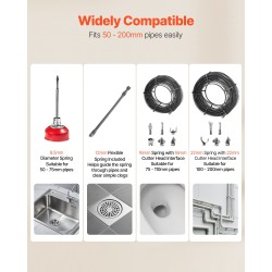 Sähköinen viemärin puhdistuskone 850W 50–200 mm putkille 33,9 m mangaaniteräsjousilla