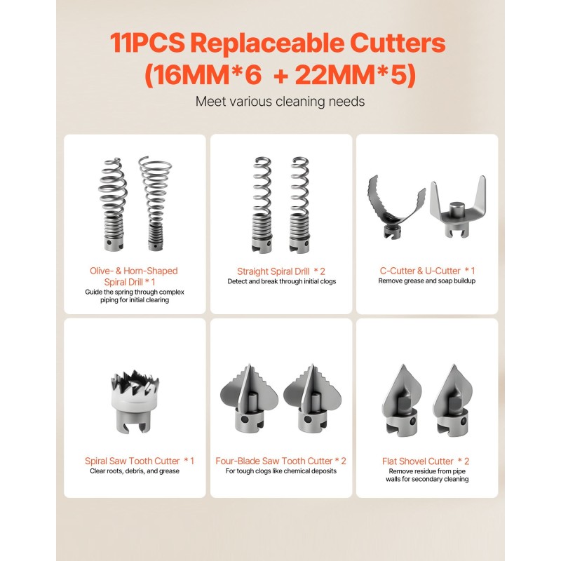 Sähköinen viemärin puhdistuskone 850W 50–200 mm putkille 33,9 m mangaaniteräsjousilla