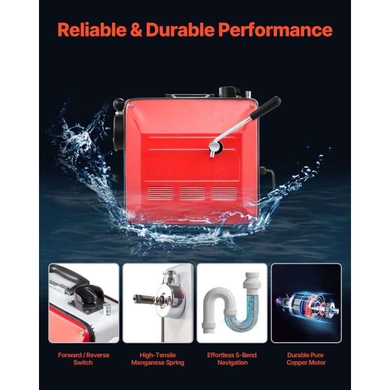 Sähköinen viemärin puhdistuskone 850W 50–200 mm putkille 33,9 m mangaaniteräsjousilla