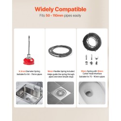 Sähköinen viemärinavauskone 390W 24,5 m mangaaniteräsjousella 6 vaihdettavaa leikkuria 50–110 mm putkille