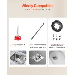 Sähköinen viemärinpuhdistuskone 400 W mangaaniteräsjousikaapelit 25,4 m 6 vaihtoterää 50–110 mm