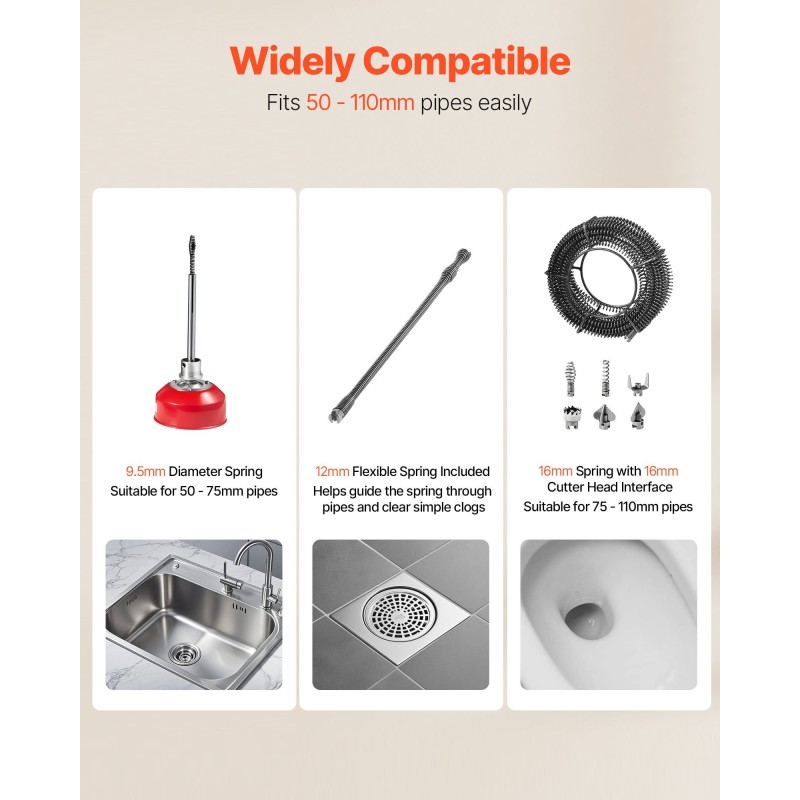 Sähköinen viemärinpuhdistuskone 400 W mangaaniteräsjousikaapelit 25,4 m 6 vaihtoterää 50–110 mm