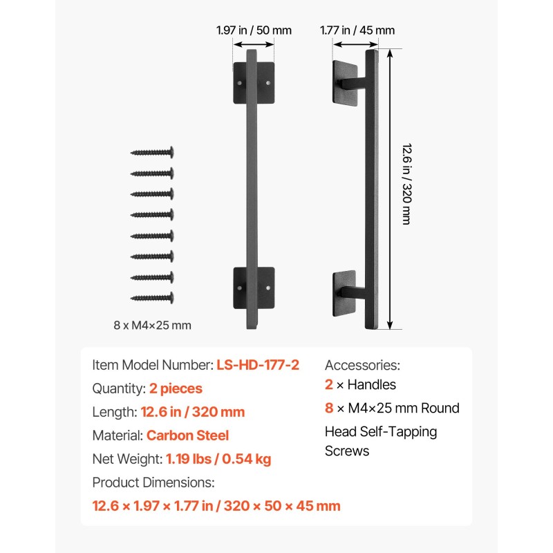 Portin vedin hiiliteräs ruosteenkestävä pinnoite 320 mm 2 kappaletta ulko- ja sisäoviin