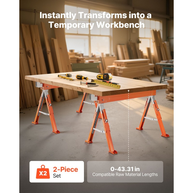 Taitettava teräksinen sahapukki 2 kpl korkeussäätö 640–820 mm kantavuus 816,5 kg