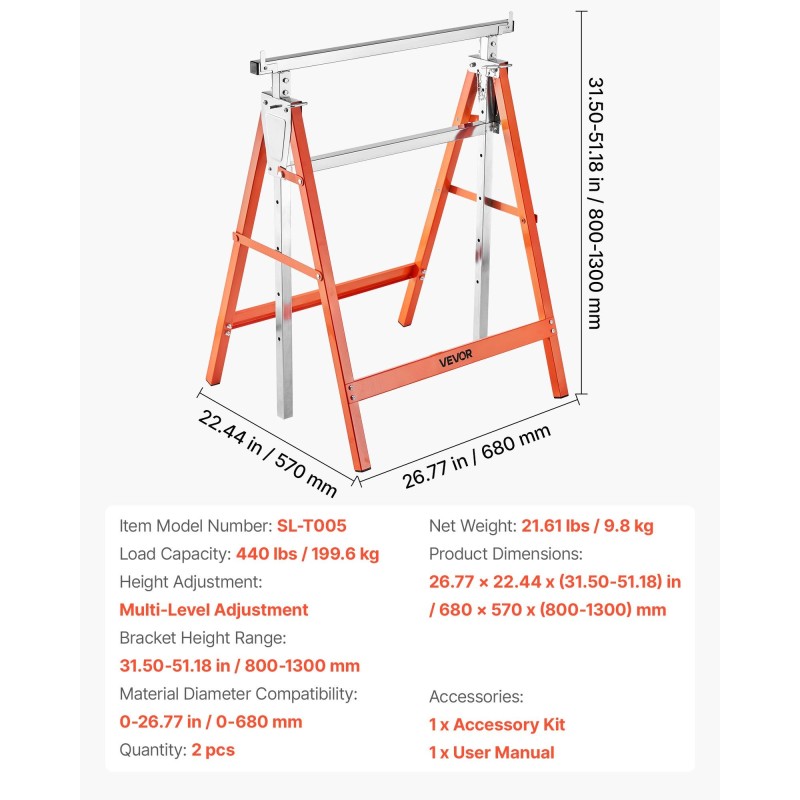 Sahapukki taittuva teräsrakenne korkeussäädettävä 800–1300 mm kantavuus 199,6 kg 2 kpl