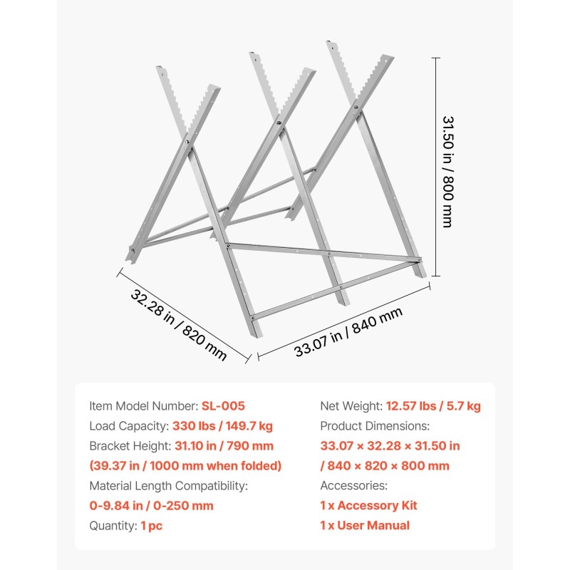 Sahapukki taitettava teräksinen 149,7 kg kantavuus 790–1000 mm