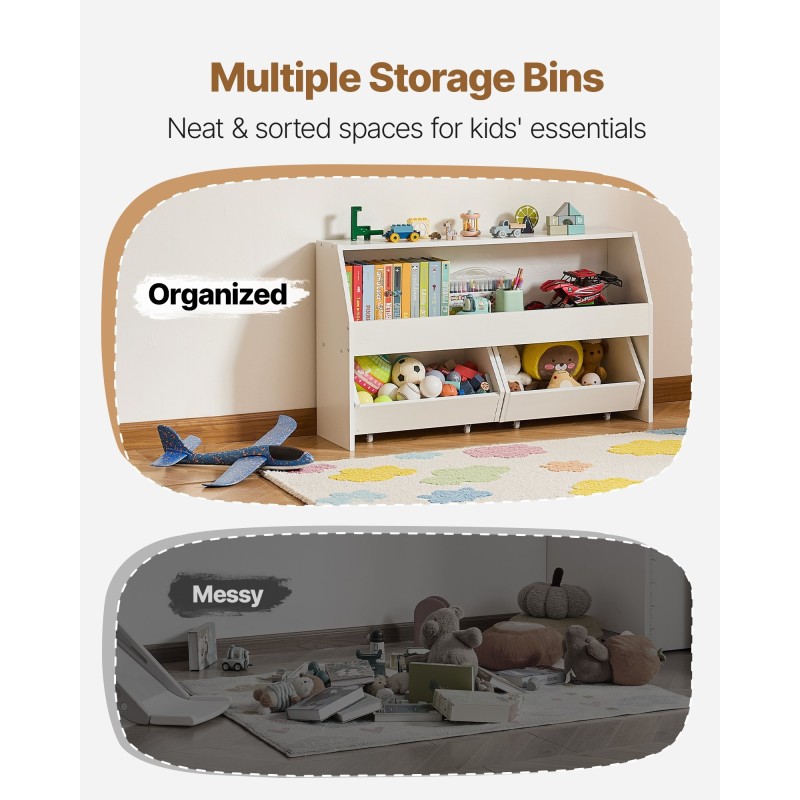 Puinen lelusäilytyshylly 3 lokeroa 2 pyörällistä laatikkoa valkoinen kaatumissarjalla