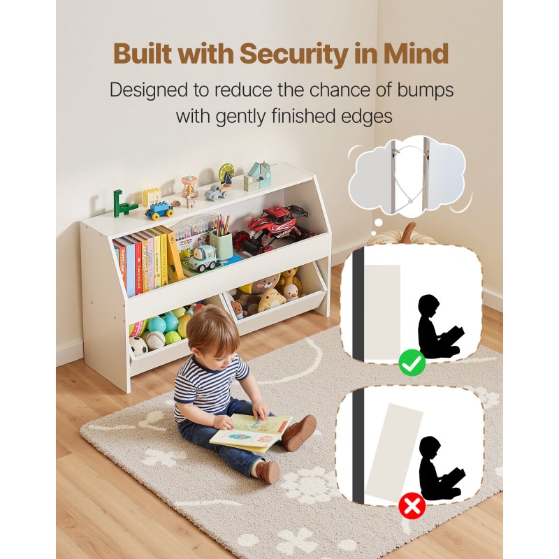 Puinen lelusäilytyshylly 3 lokeroa 2 pyörällistä laatikkoa valkoinen kaatumissarjalla