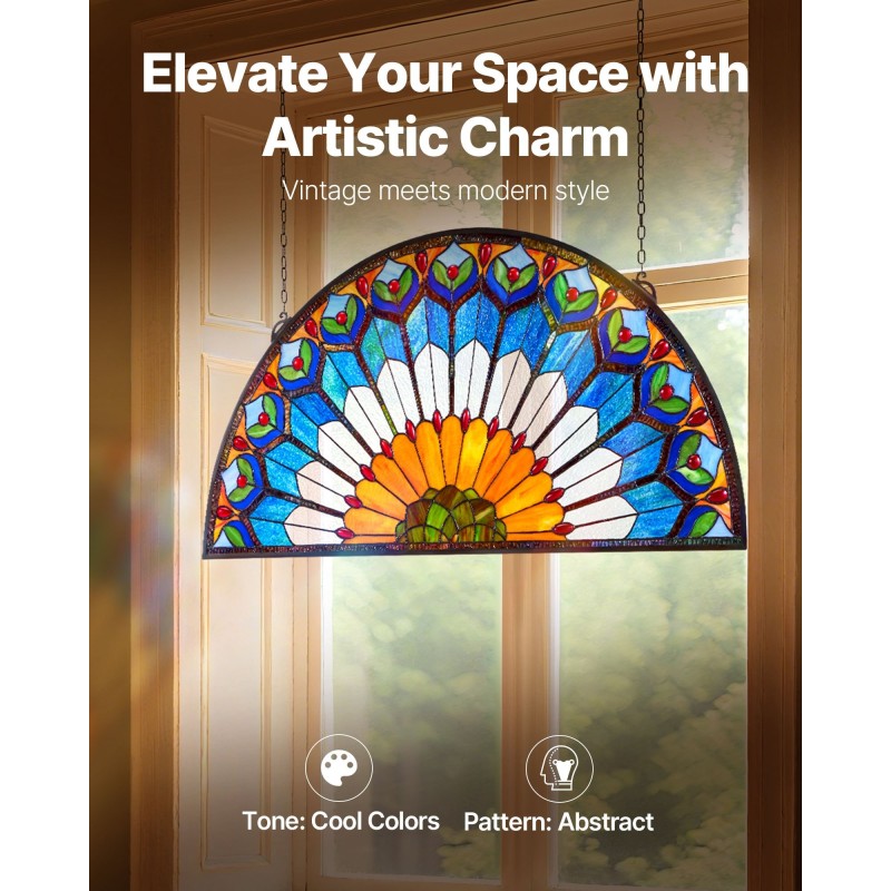 Värillinen lasi-ikkunapaneeli metallikehyksellä 913×465 mm puolipyöreä ripustettava