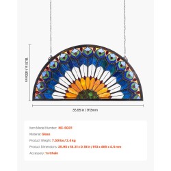 Värillinen lasi-ikkunapaneeli metallikehyksellä 913×465 mm puolipyöreä ripustettava