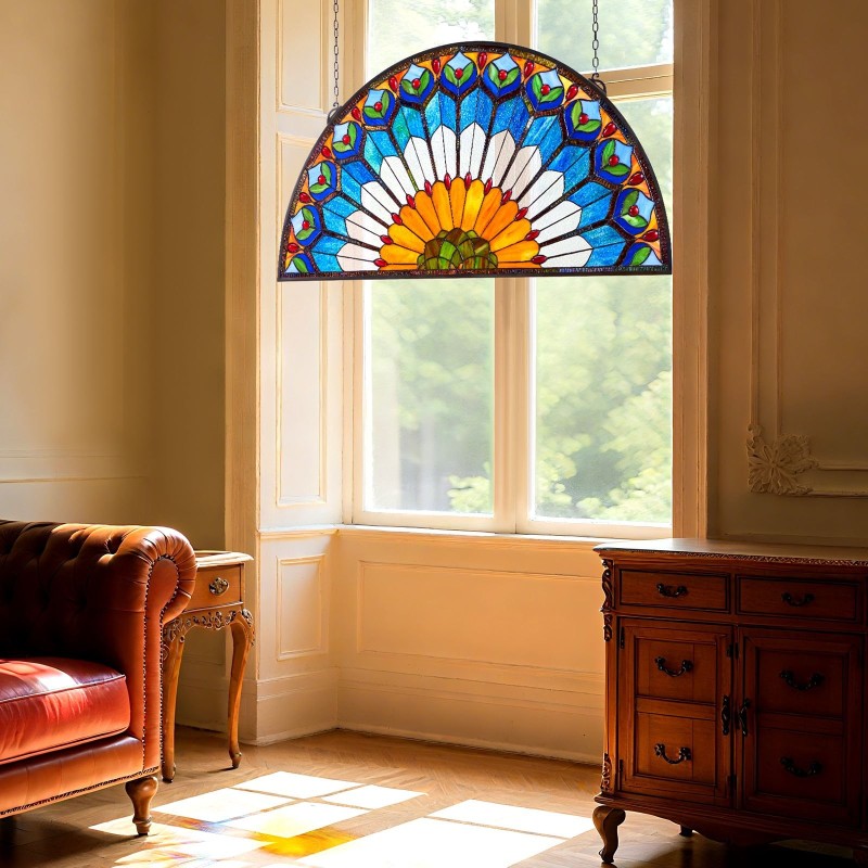 Värillinen lasi-ikkunapaneeli metallikehyksellä 913×465 mm puolipyöreä ripustettava