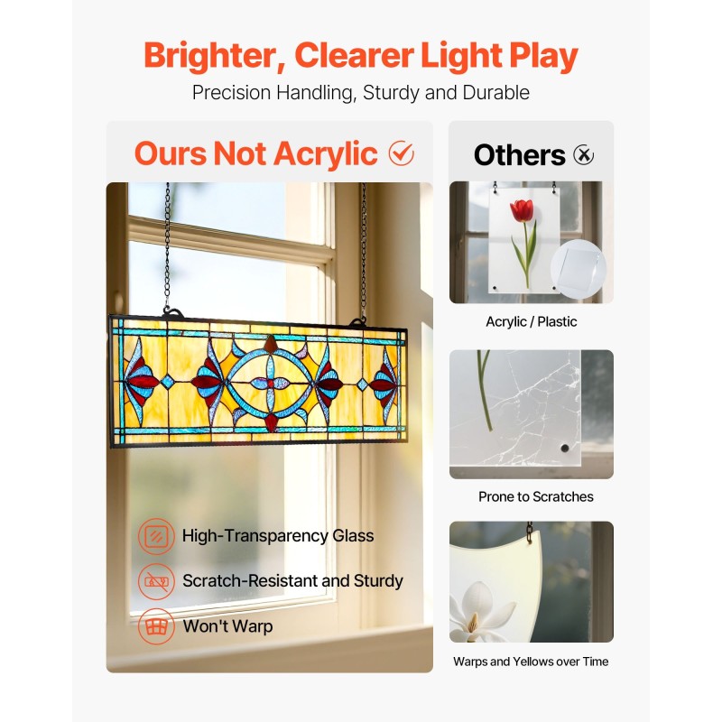 Lasinen lasimaalauspaneeli 813 x 250 mm ripustettava Tiffany-tyylinen metallikehyksellä