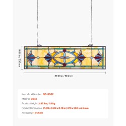 Lasinen lasimaalauspaneeli 813 x 250 mm ripustettava Tiffany-tyylinen metallikehyksellä