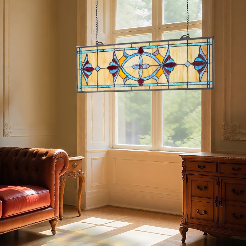 Lasinen lasimaalauspaneeli 813 x 250 mm ripustettava Tiffany-tyylinen metallikehyksellä