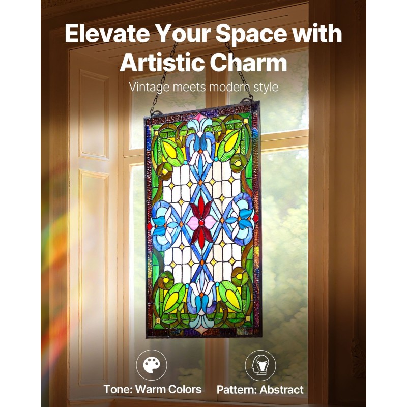 Lyijylasi-ikkunapaneeli lasia 433 x 731 mm Tiffany-tyylinen riippuva ketjulla metallikehyksellä