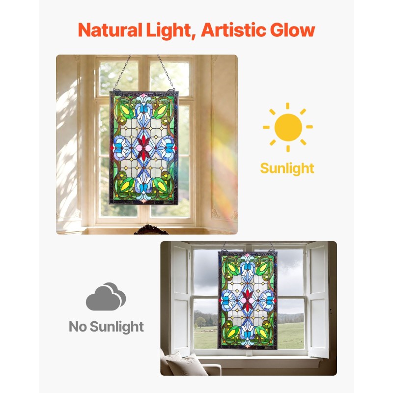Lyijylasi-ikkunapaneeli lasia 433 x 731 mm Tiffany-tyylinen riippuva ketjulla metallikehyksellä