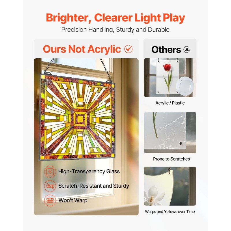 Värillinen lasi-ikkunapaneeli 501 x 527 mm lasia metallikehyksellä ripustettava ikkunaan tai seinälle