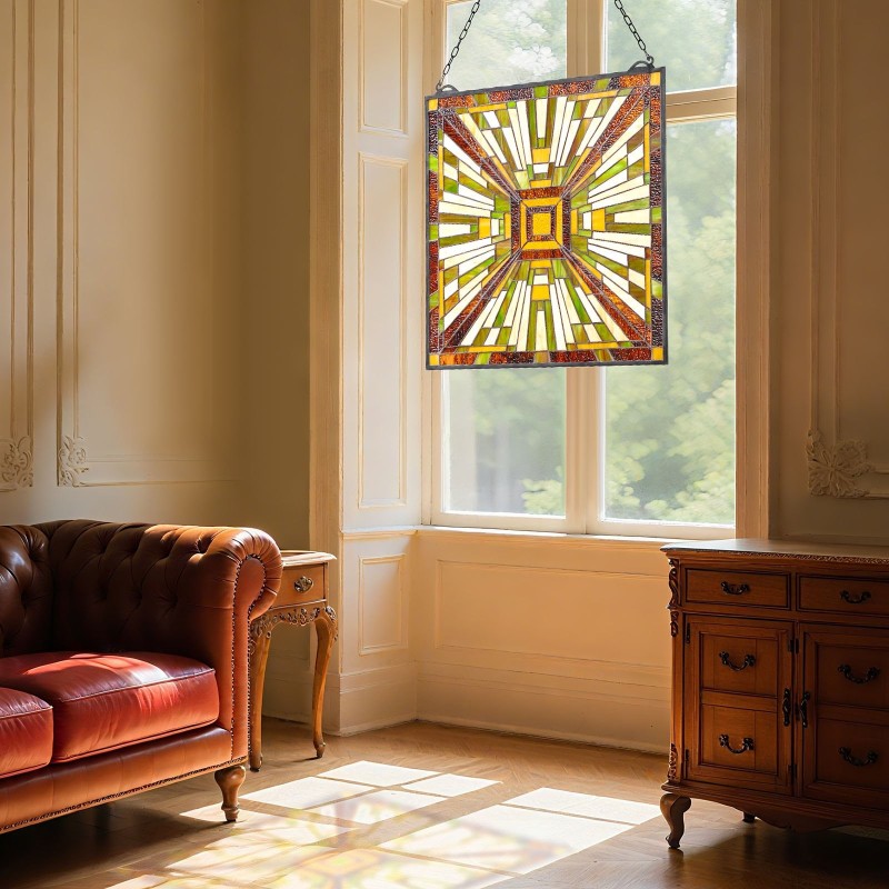 Värillinen lasi-ikkunapaneeli 501 x 527 mm lasia metallikehyksellä ripustettava ikkunaan tai seinälle