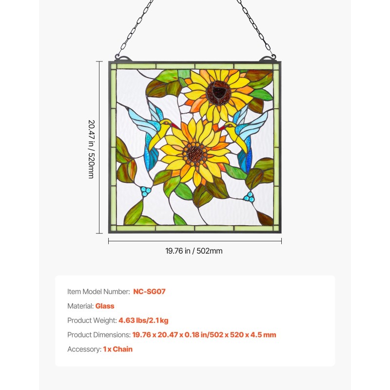 Lasimaalattu ikkunapaneeli lasista metallikehyksellä 50 x 52 cm ripustettava ketjulla