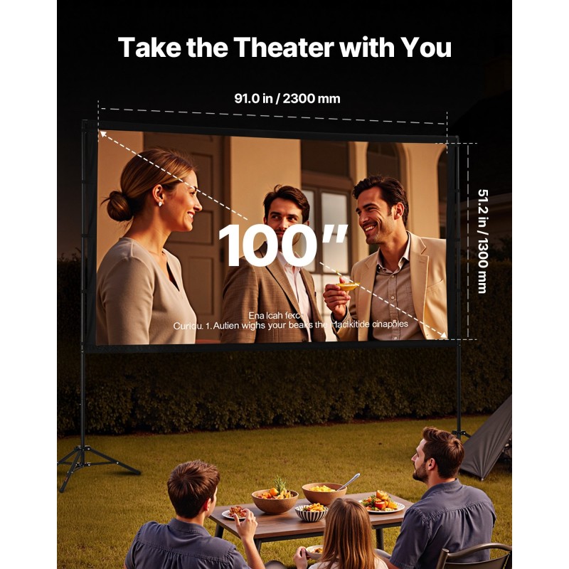 Kannettava 100-tuumainen valkokangas rypytön kangas 16:9-kuvasuhteella korkeussäädettävä jalusta musta
