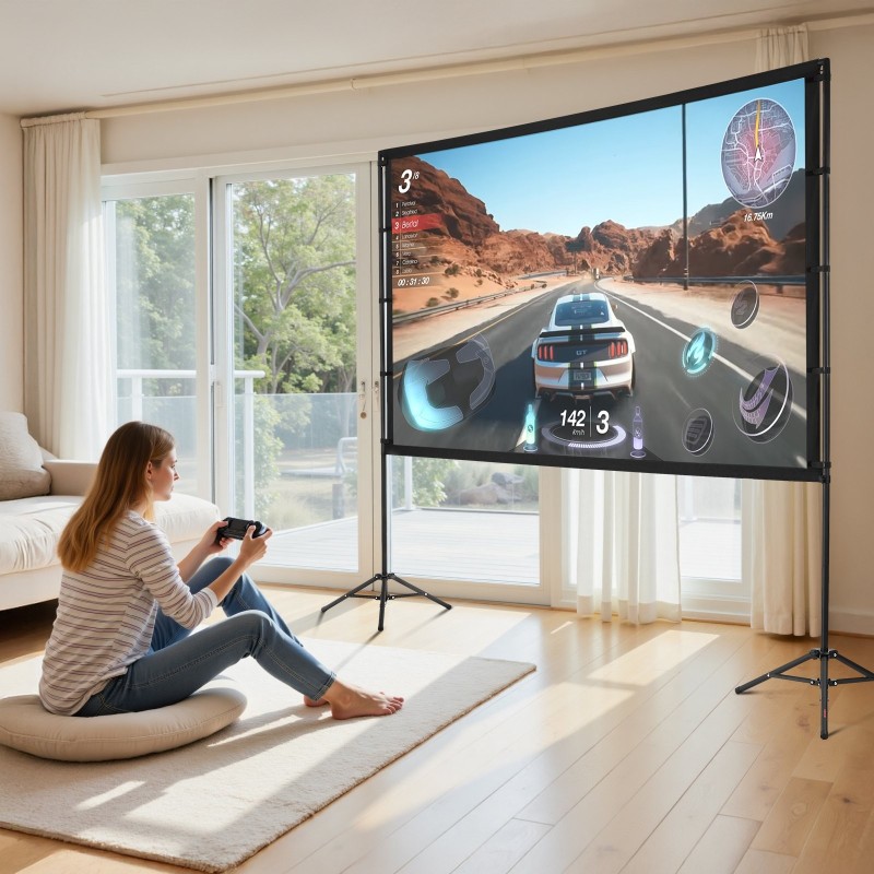 Kannettava 100-tuumainen valkokangas rypytön kangas 16:9-kuvasuhteella korkeussäädettävä jalusta musta