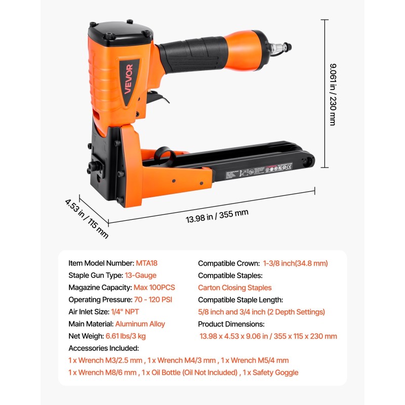 Paineilmatoiminen pahvilaatikkojen niittain alumiinirunko 34,8 mm kruunulla 16 ja 19 mm jalka