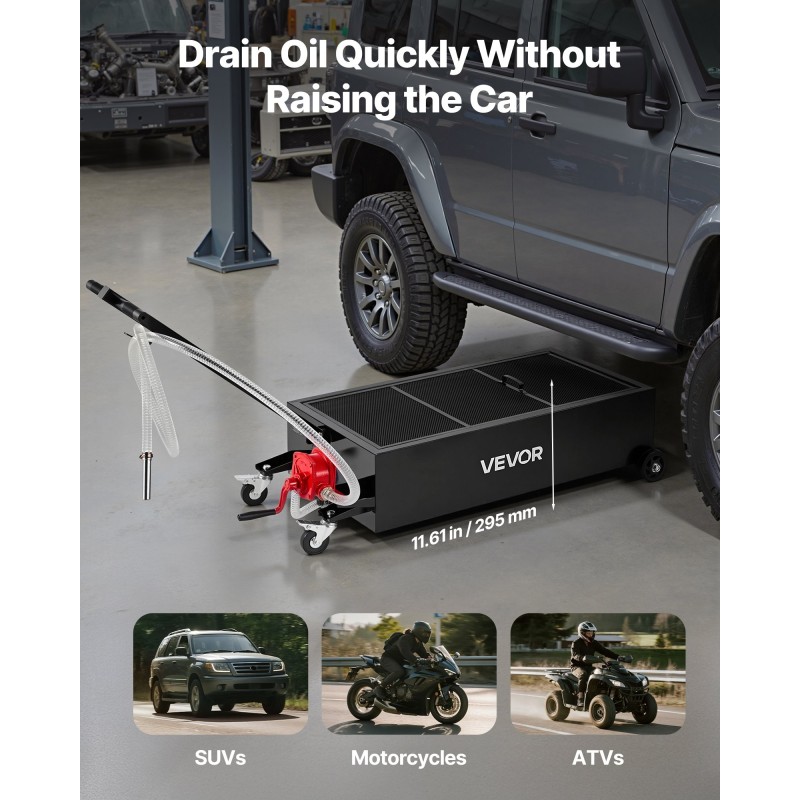 Öljynkeräysastia 94,6 l matalaprofiilinen manuaalipumpulla 2,2 m letkulla autoille