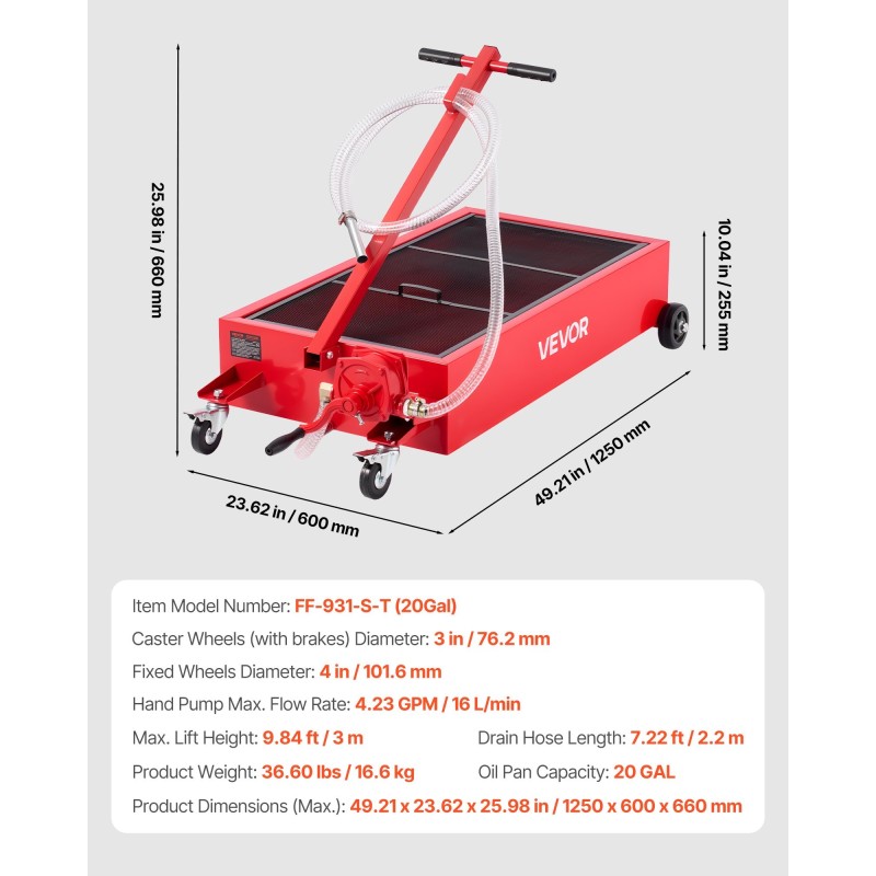 Öljynkeräysastia matalaprofiilinen 75,7 l pyörillä T-kahvalla manuaalipumpulla