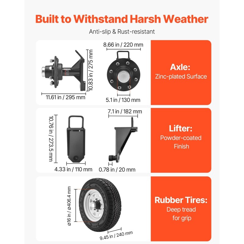 Kuljetuskontin pyöräsarja ruosteenkestävä teräsrunko 16-tuumaiset kumirenkaat kantavuus noin 3992 kilogrammaa