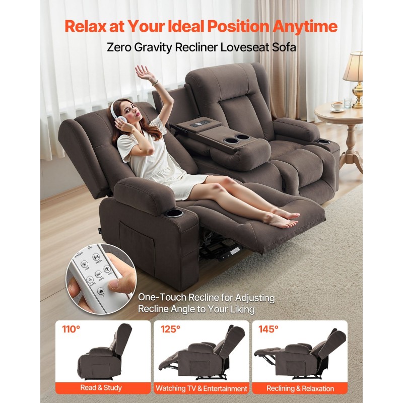 Sähkökäyttöinen mokkapintainen kahden hengen lepotuoli sohva lämmitys hieronta USB-portit