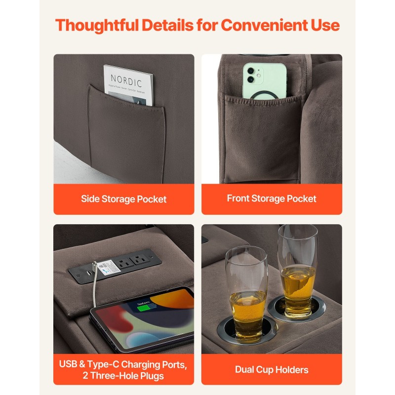 Sähkökäyttöinen mokkapintainen kahden hengen lepotuoli sohva lämmitys hieronta USB-portit