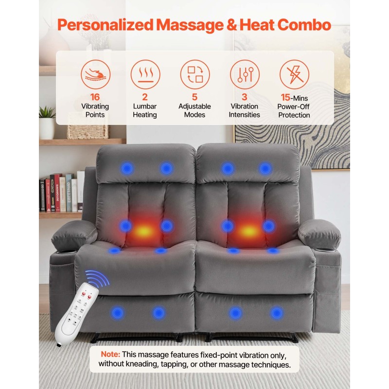 Kaksipaikkainen sähköinen lepotuolisohva harmaa samettiverhoilu lämmitys hieronta USB-portit