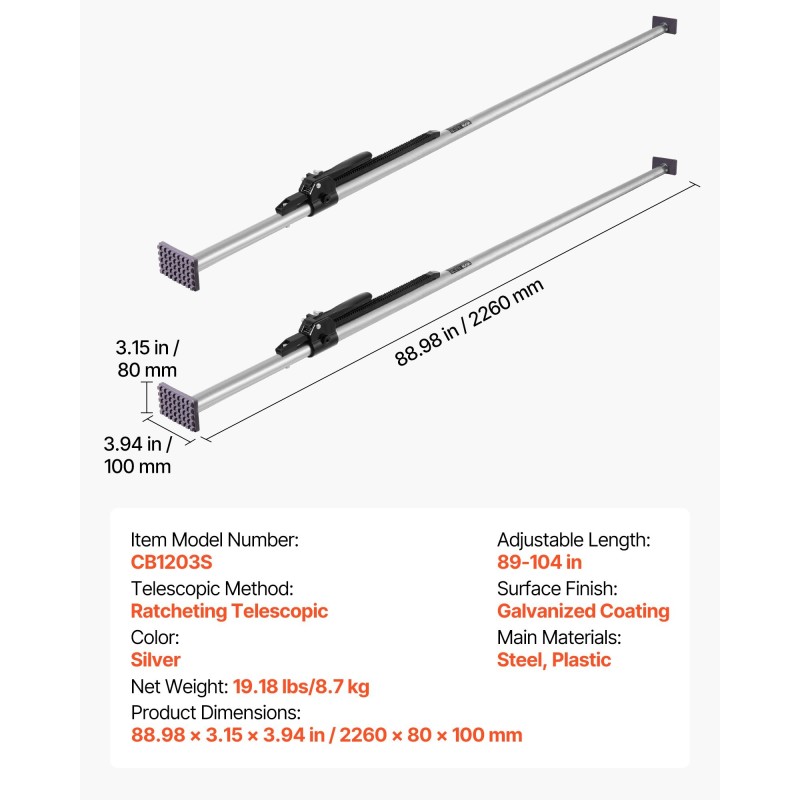 Kuormansidontatangot 2 kpl hiiliteräs säädettävät 2261–2642 mm räikkämekanismilla