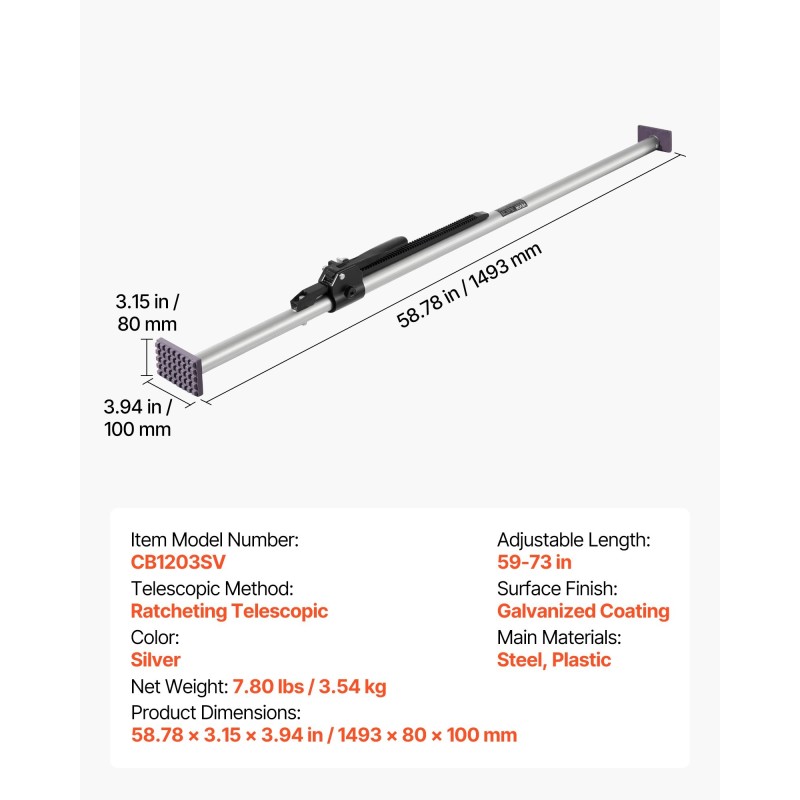 Teleskooppinen kuormansidontatanko teräs 1499–1854 mm räikkätoiminen galvanoitu PVC-päät