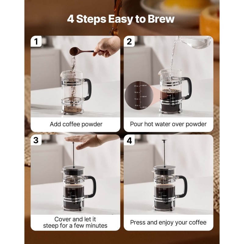 Pressopannu borosilikaattilasi 1 l ruostumaton terässuodatin kahville ja teelle