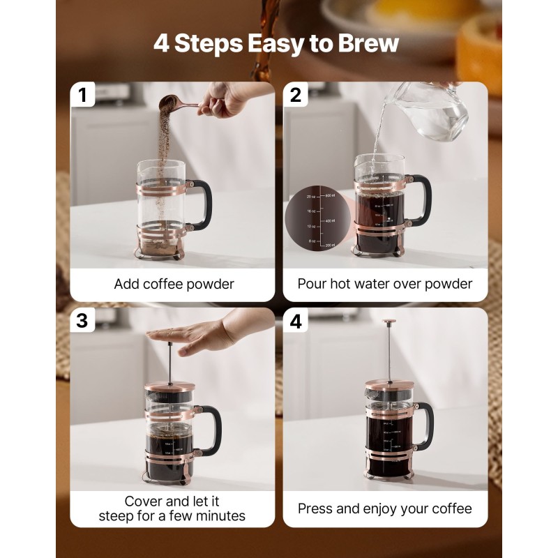 Ranskalainen kahvipannu borosilikaattilasinen 1 l ruostumattomalla terässuodattimella kupari