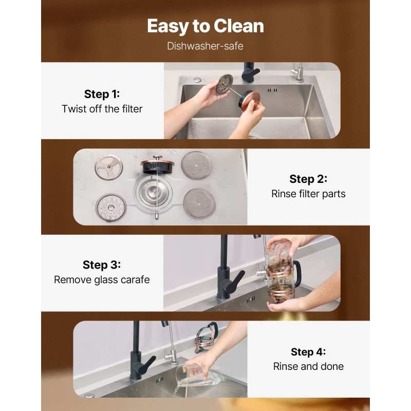 Ranskalainen kahvipannu borosilikaattilasinen 1 l ruostumattomalla terässuodattimella kupari