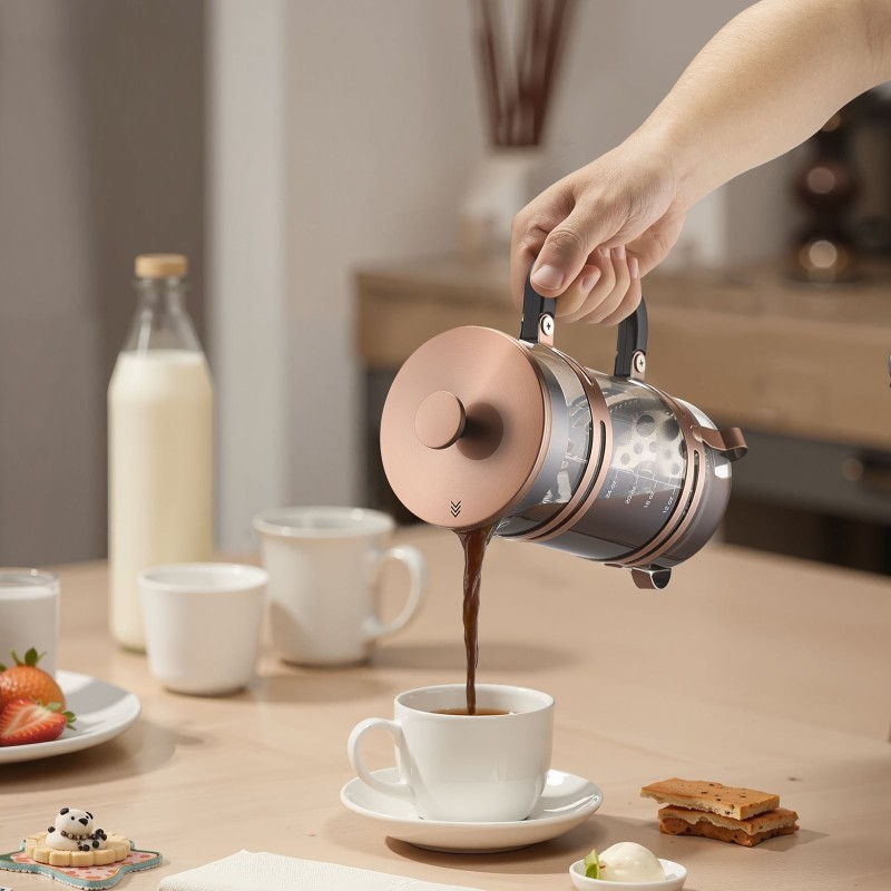 Ranskalainen kahvipannu borosilikaattilasinen 1 l ruostumattomalla terässuodattimella kupari