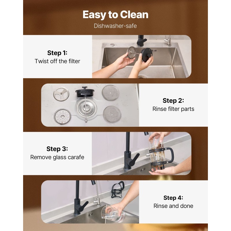 Pressopannu borosilikaattilasista 1 l 304-ruostumattomalla suodattimella tippaamaton kaatonokka