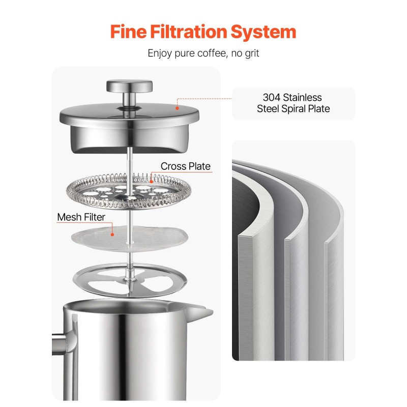 Pressopannu kaksiseinäinen ruostumaton teräs 1,5 l tiheällä metallisuodattimella