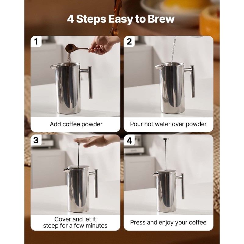 Pressopannu kaksiseinäinen ruostumaton teräs 1,5 l tiheällä metallisuodattimella