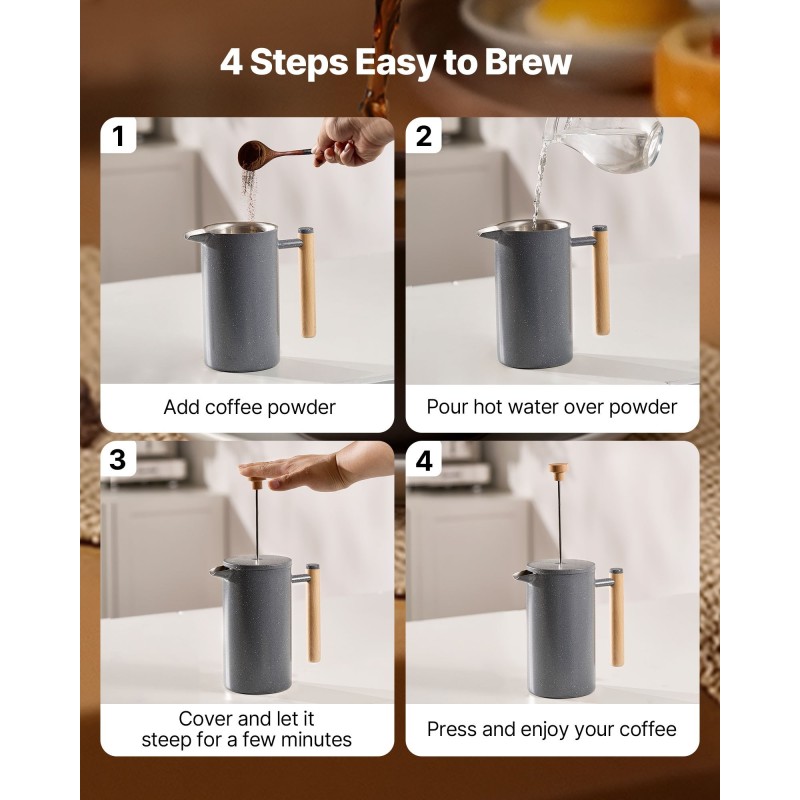 Pressopannu ruostumattomasta teräksestä 1 l kaksikerroksinen tyhjiöeristetty puuvarrella verkkosuodattimella