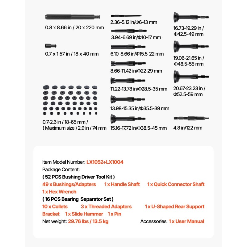 Laakeriprässisarja 68 osaa metallia musta pintakäsittely sisältää avaimen polkupyörille moottoripyörille autoihin
