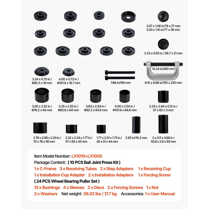 Laakeripuristinsarja metallirakenteinen eri kokoisilla holkkilevyillä erikoisavaimella säilytyslaukussa